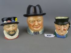 Falcon ware pottery jar and ashtray hat depicting Churchill and two mid size Royal Doulton character