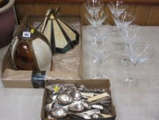 Two Tiffany style ceiling lampshades, parcel of miscellaneous flatware and eight modern cocktail