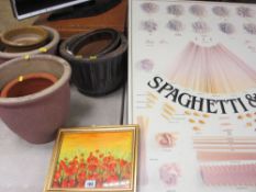 MOITELLO mixed media painting of poppies, Spaghetti & Company advertising display board and a parcel