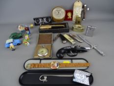 Parker fountain pen, Smiths Empire travel clock, three vintage pocket knives, a white metal vesta