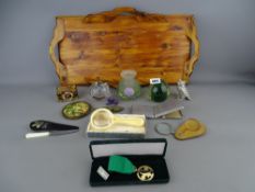 Wooden four handled tray and a quantity of collectables including a white metal owl ornament, a