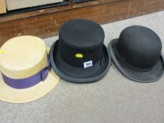 Vintage top hat by Burgess Hats, a bowler hat by Gieves Ltd of London and a straw boater
