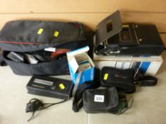 Boxed Sanyo vintage cassette recorder, a Panasonic video recorder in case, two digital cameras, a