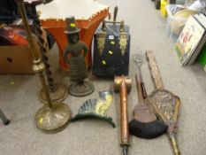 Tinware brass mounted coal box, a large pair of carved oak fireside bellows, a companion stand in