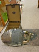 Vintage lidded box, a brass framed wall mirror and a wooden wall plaque