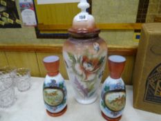 Pair of milk glass vases and a lidded vase