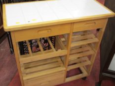 Modern light wood tiled top kitchen trolley with base drawer and slat shelves