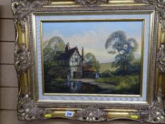 RONALD HORSEWELL gilt framed oil on canvas - figures before and old watermill, 29 x 39 cms