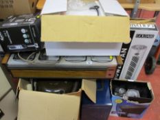 Vintage tabletop food warmer, Henry vacuum cleaner, Breville three-in-one blender, Goldair fan