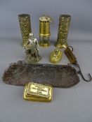 Pair of repousse brass vases, an Oriental pen tray, a brass curling iron heater titled 'La Favorite'