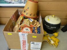 Collection of vintage beer mats, a Guinness lampshade, three Babycham figures and an ice bucket