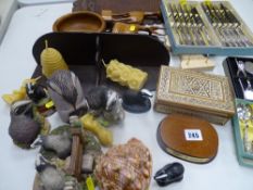 Small parcel of cased cutlery, treen ware, ornamental badgers etc