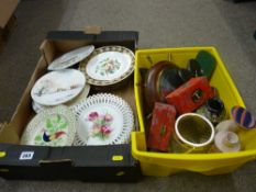 Quantity of decorative wall plates and a plastic crate of ornamental ware