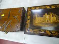 Victorian castle top Tunbridge ware workbox and another box
