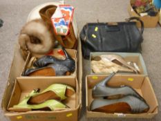 Selection of vintage shoes, a Gladstone type bag, a fur stole etc