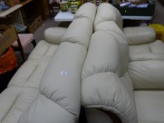 Cream leather effect and timber three piece suite