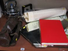 Set of Crown Green bowls in a leather case, two vintage kettles, unframed vintage maps, ten