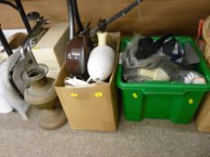 Small folding trolley, two vintage paraffin lamps with others, a boxed water filter, an electric