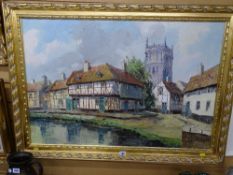 GERARD WEIGMAN large gilt framed palette knife oil on canvas - olde world town houses with cathedral