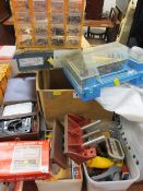 Quantity of cable, vintage tester, socket set, solderer, vice and boxed drill attachments