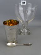 Early drinking glass with lemon squeezer base and etched initials with Masonic emblems, a silver