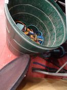 Bolt cutters, Makita hedge trimmer, plastic bucket full of rope, tools etc and a pasting table E/T