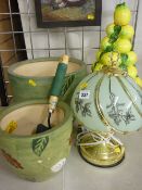 Two modern pottery planters and a fruit display with a vintage table lamp etc
