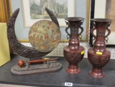 Pair of twin handled Oriental bronze vases and a carved Eastern table gong