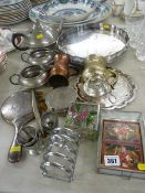 Three piece pewter teaset, an EPNS galleried tray and other metalware etc
