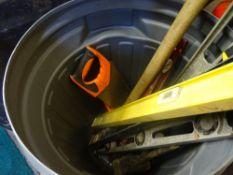 Plastic lidded dustbin with quantity of spirit levels, axes, clamps etc