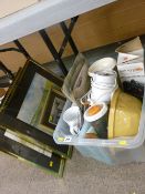 Plastic crate of kitchenware, three wildlife prints etc