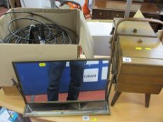 Wooden cantilever sewing box and contents, small square framed mirror with shelf and a metal