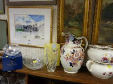 Two vintage chamber pots, a Regal Crown pottery jug and a quantity of crystal glassware by