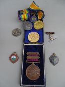 World War I medal pair awarded to 220767 GNR R E Price RA, a National Fire Brigade Union medallion