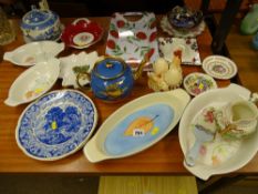 Mixed collection of pottery and china ware including a Wedgwood hunting jug, two pottery teapots,