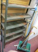 Metal multi-shelf garage rack and a small quantity of long handled garden tools
