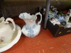 Box of good porcelain including floral teaware, Indian Tree, wash basin and jug set and another jug