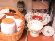 Carved hardstone bust of a lady, a wicker basket, three vintage storage jars etc