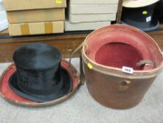Vintage leather hat box and top hat made by Cuthbertson of London