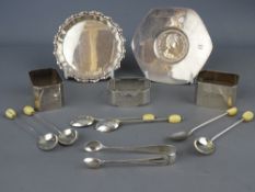 Collection of hallmarked silver including two small pin trays, one with coin inset, three napkin