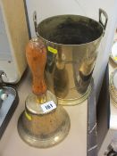 Brass school type bell, brass wine bucket and a cased set of vintage Boots 10x50 binoculars