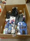 Box of old mobile phones, various chargers and associated equipment