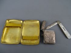 Silver cigarette case and a vesta case along with a silver bladed mother of pearl fruit knife