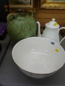 Wedgwood 'Satin' bone china fruit bowl, an art pottery vase and a Wedgwood bone china coffee pot and