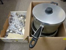 Loose quantity of EPNS and other cutlery and a box of vintage cookware