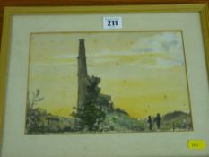 Indistinctly signed watercolour - industrial scene with figures in the foreground, 17 x 25 cms