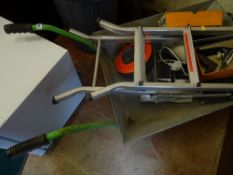 Galvanized wheelbarrow with quantity of garage, other items including a boxed Stanley planer and a