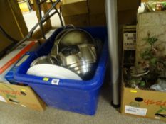 Two boxes and a tub of mixed household items, kitchenware, electricals etc E/T