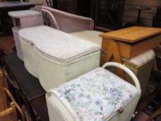 Five items of loom furniture and a small wooden light wood sewing box and contents