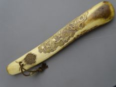 Japanese carved antler pipe case with toggle white metal ojime